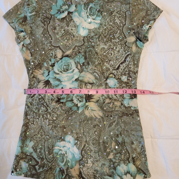 Judy Jr. Women's size small short sleeve see-through floral shirt with sparkles - Picture 4 of 12